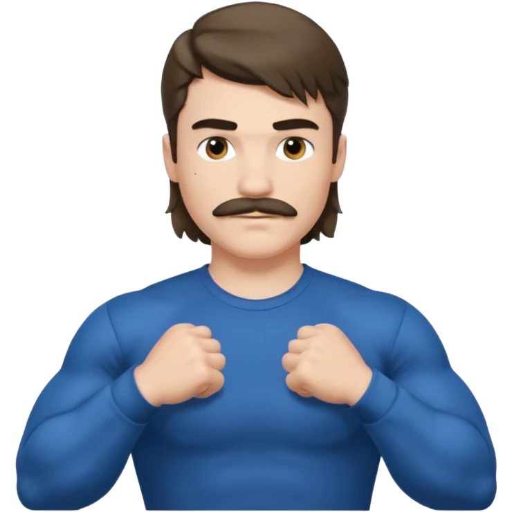 generate an ios genmoji of a 20 year old boy with shoulder length hair and a mullet. cop mustache. BIG biceps and wearing a full sleeve tshirt that fits his biceps emoji