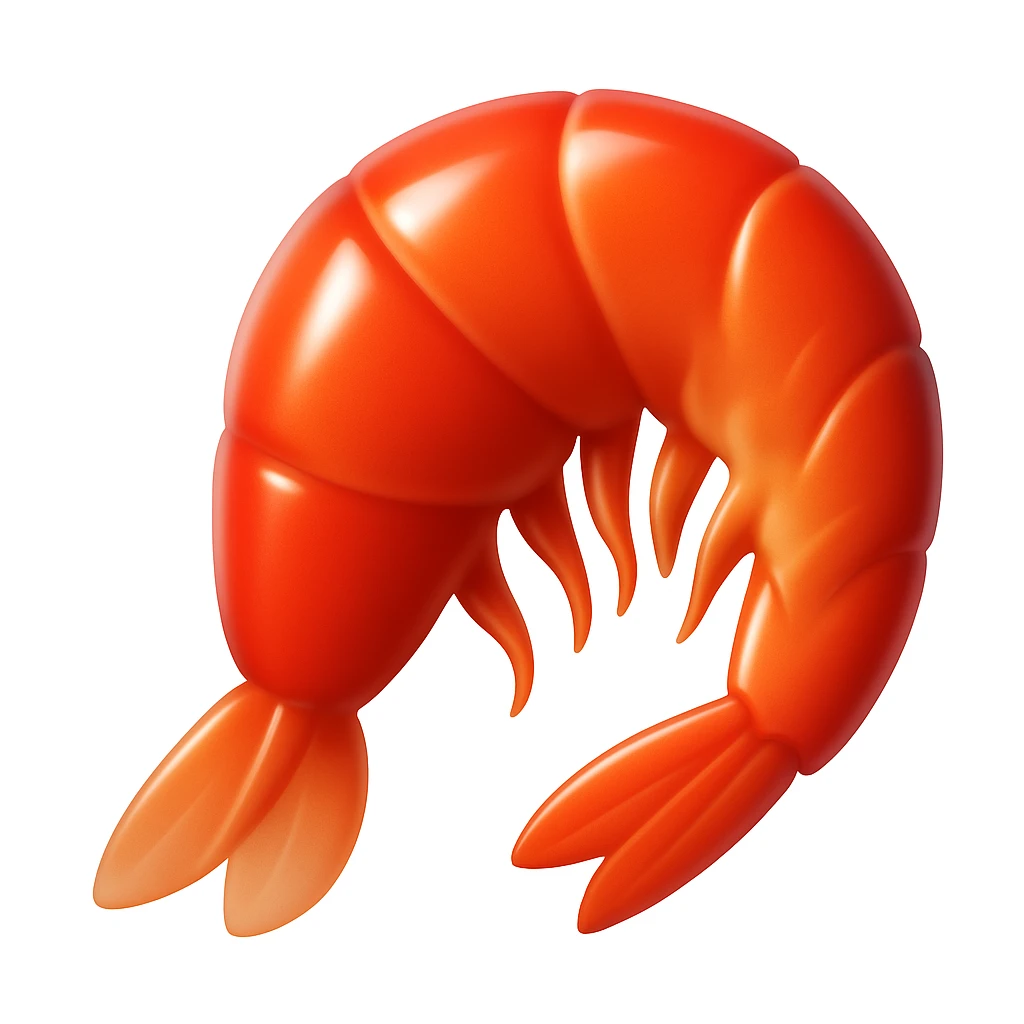Create a shrimp emoji that looks exactly like the reference image in iOS emoji style. The emoji should have a 3D appearance with shiny, smooth gradients, soft shadows, and a realistic shrimp shape, capturing the classic emoji look. Add a glossy effect to the shell. emoji