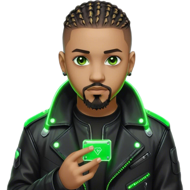 Light skinned African American male with green eyes as a cyberpunk hacker with cornrows hairstyle but short cornrows  with goatee facial hair  emoji