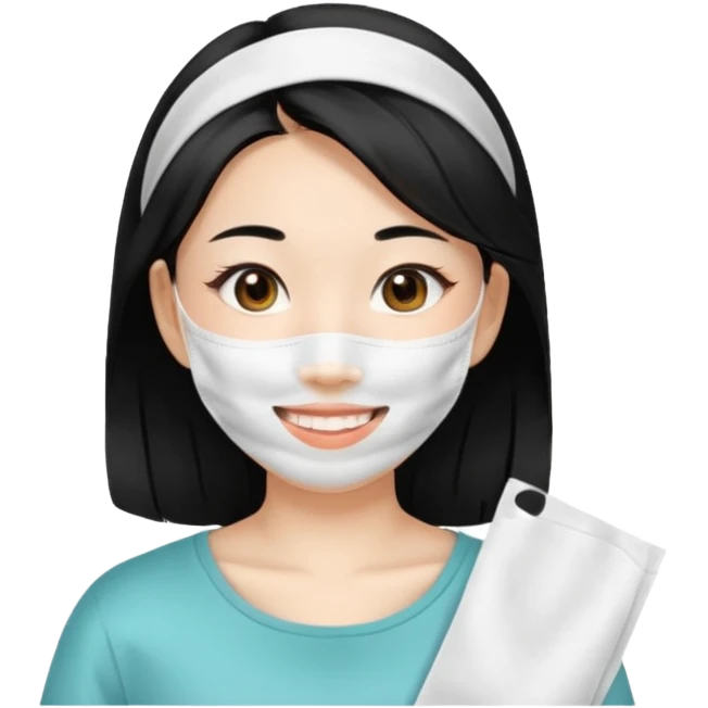 Smiling Asian girl with large white sheet mask pack emoji