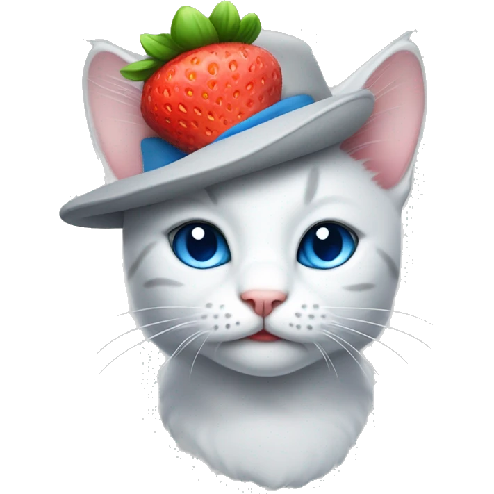 white/gray cat with nice strawberry hat and big blue eyes emoji