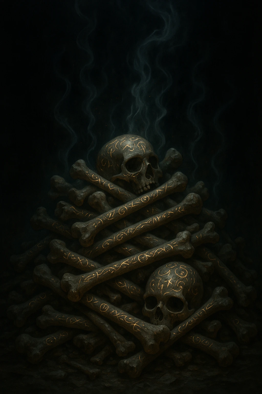 bones stacked in a heap, each bone etched with arcane symbols, wisps of magical energy emanating upward emoji