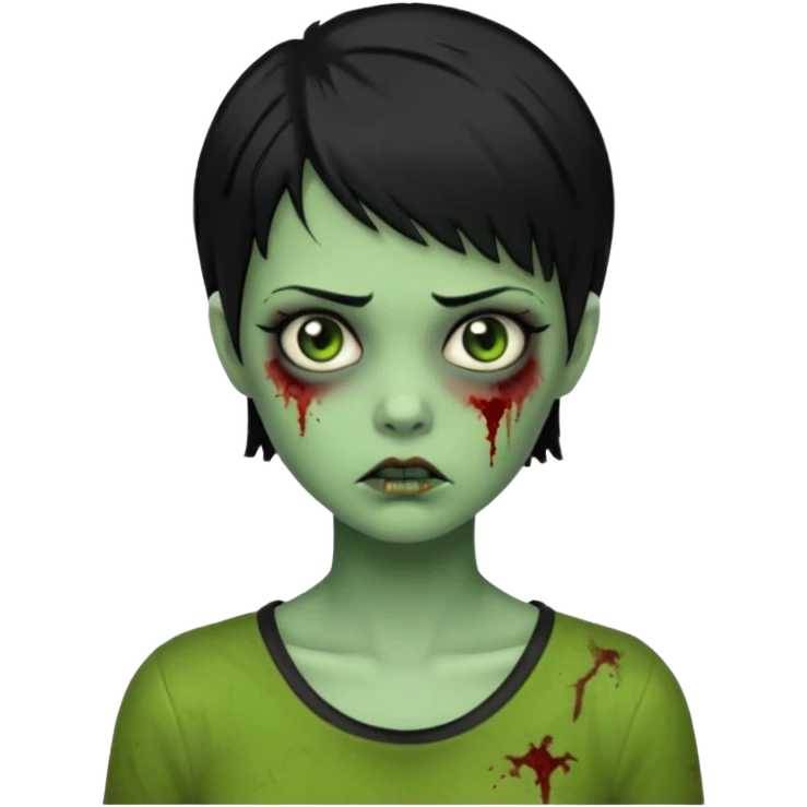 Emoji zombie girl verde com cabelo preto curto com uma expressão impassivel emoji