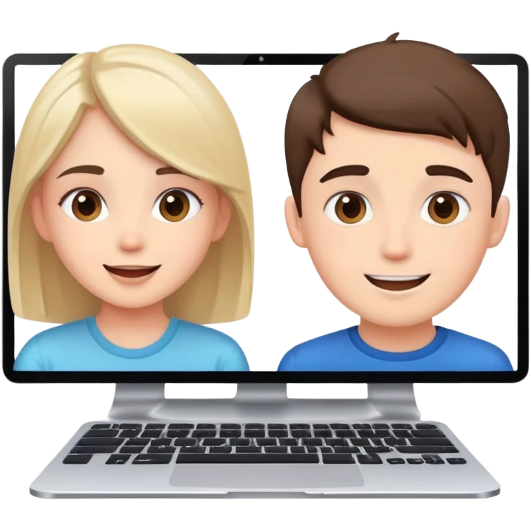 boy and girl on a video call, computer screens with faces, happy conversation emoji
