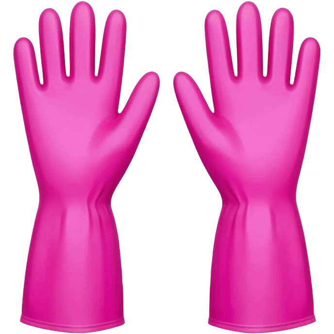 pair of bright rubber gloves with long cuffs and slightly curved fingers, suggesting flexibility and grip, vibrant pink color, soft matte finish, gentle creases indicating use, no sponge, soap, or sink, soft lighting, subtle shadows, emoji scale emoji