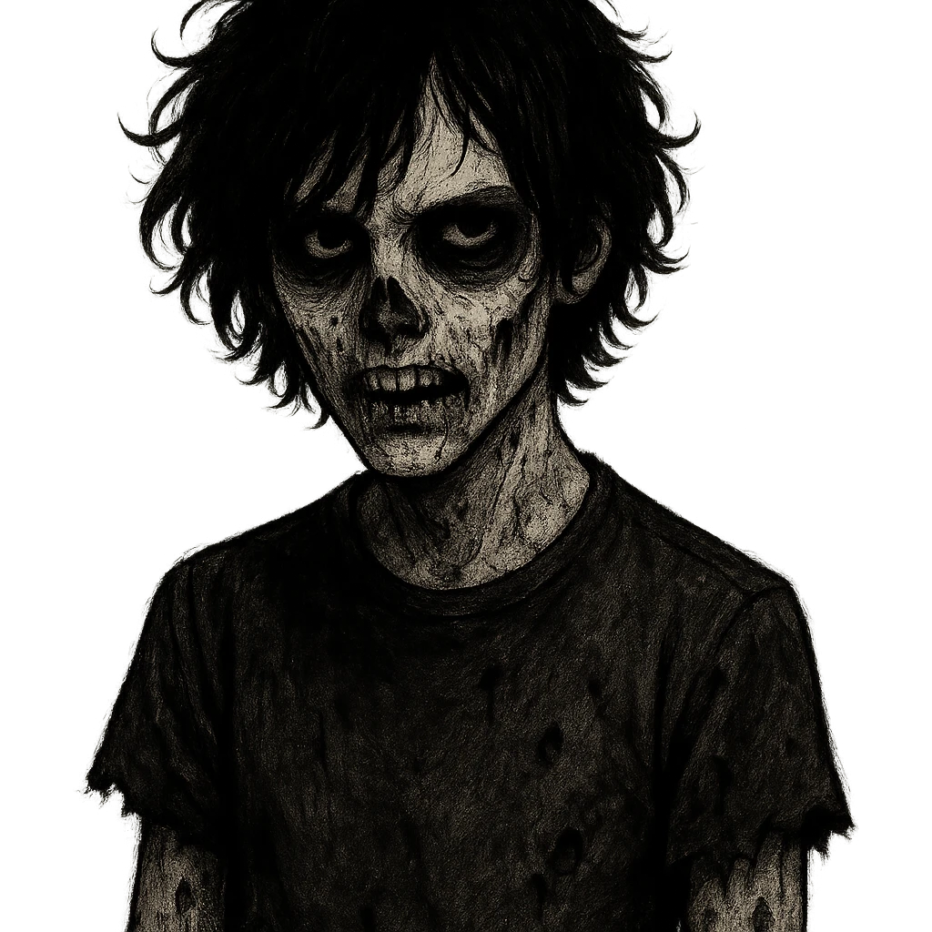 spooky boy zombie, black medium-long messy curly hair, emo, with a creepy expression emoji
