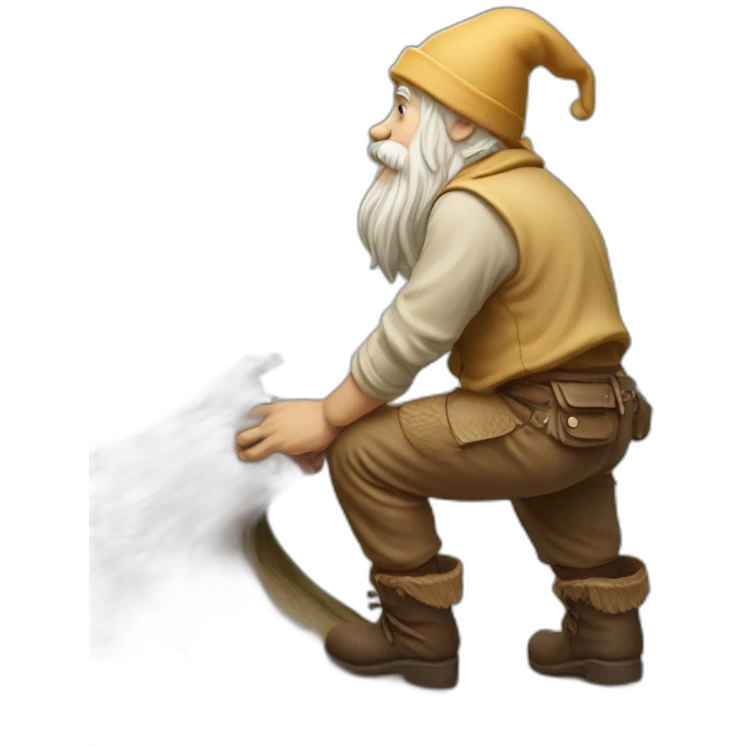 side view of gnome with light tan pants and boots squatting above small brown log emoji