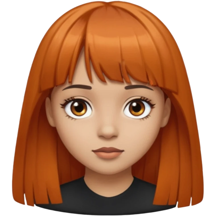 Light skin girl, black to brown orange-ish hair, big brown eyes and medium straight hair with bangs above the eyebrow  emoji