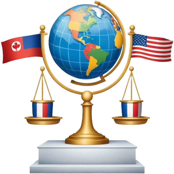 icon featuring podium with a speaker, national flags, and voting ballots, symbolizing political science. The design includes a globe and scales of justice in the background, representing governance, global affairs, and political theory. Transparent background emphasizes civic engagement and policy. emoji