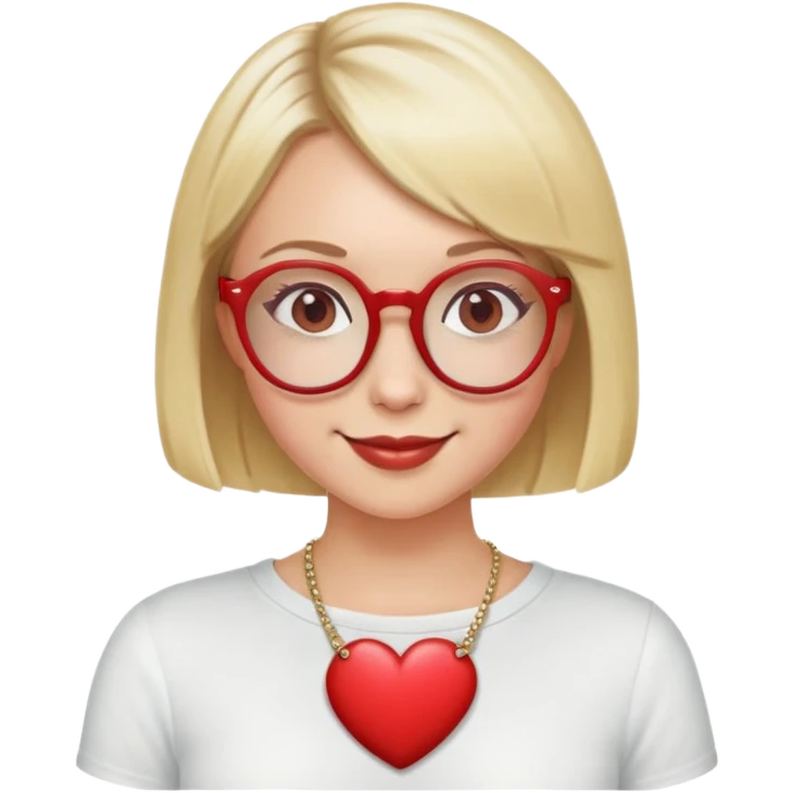 white girl head with short blonde bob hair, red round glasses, heart necklace, smiling emoji