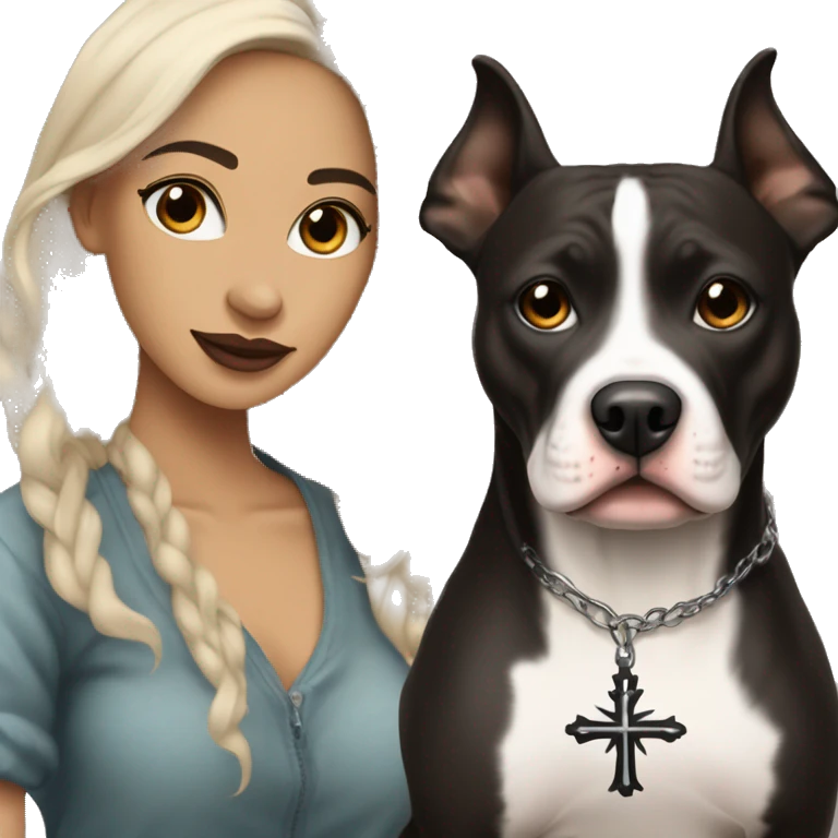 light skin woman with a tattoo of a small cross near her eye and long wavy black hair expressing joy alongide a white and brown pitbull emoji