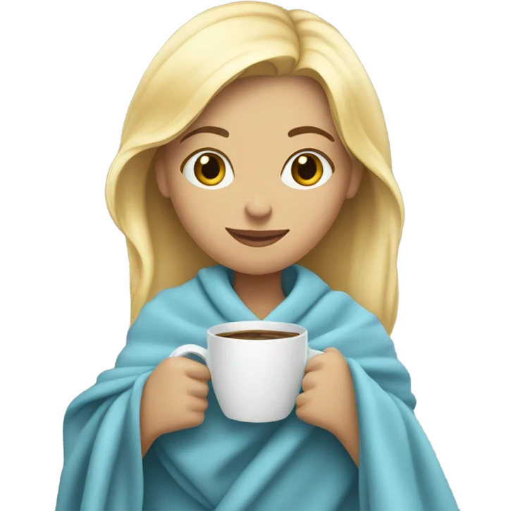 Blonde girl drinking coffe inside a light blue blanket emoji