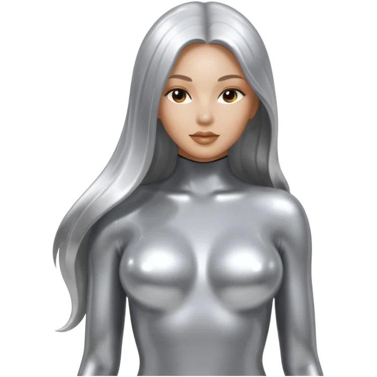 abstract sensual body silhouette, liquid silver chrome, smooth curves,chrome silver long hair, chrome metallic silver full face  and body emoji