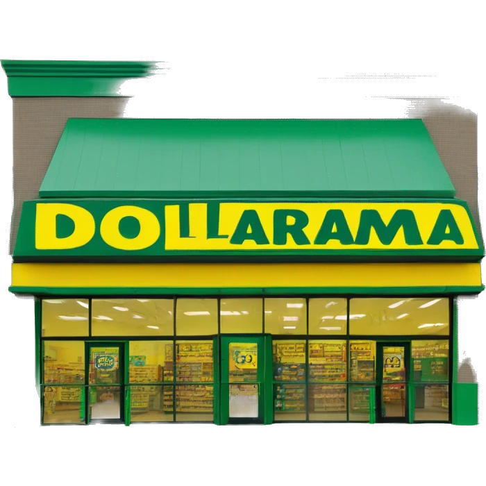 “Exterior of a Dollarama store with the bright green facade, bold yellow Dollarama sign, large front windows, and entrance doors, capturing the look of a budget-friendly retail store.” emoji
