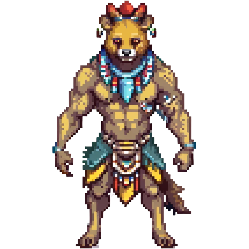 A native strong buff hyena with war bonnet flexing posing full body holding a chopped off human head by the hair  emoji