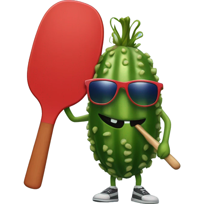 pickle with legs, holding a solid red paddle ball racket, blue backgound, wearing sunglasses emoji