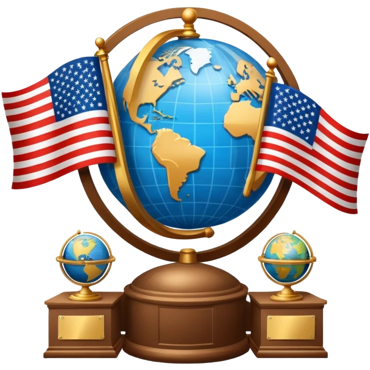 icon featuring podium with a speaker, russian and american flags, and voting ballots. The design includes a globe and scales of justice in the background, representing governance, global affairs, and political theory. Transparent background emphasizes civic engagement and policy. emoji