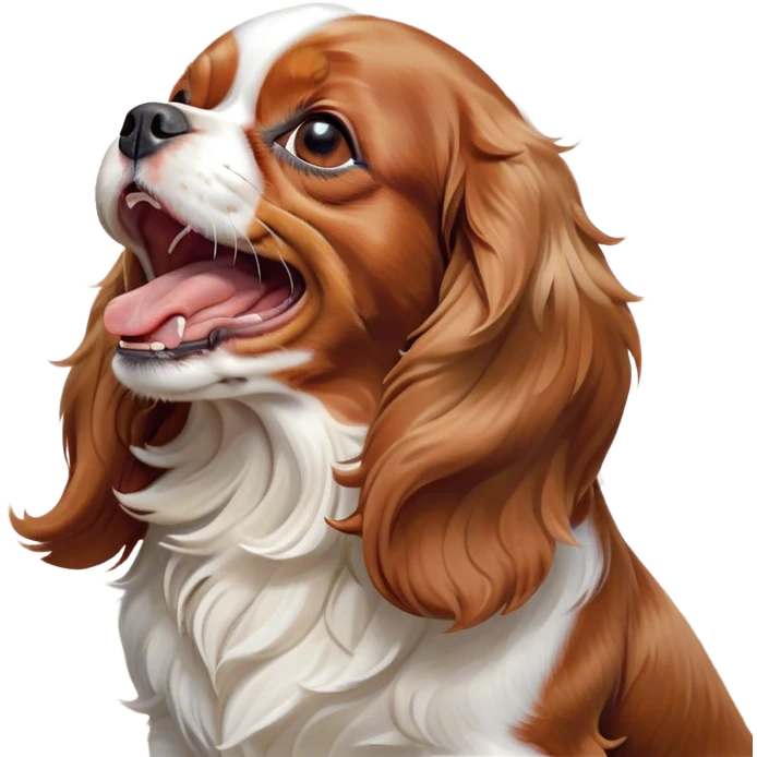 Cinematic Cute Yawning Blenheim Cavalier King Charles Spaniel Portrait Emoji, Head tilted slightly with a dramatic, wide-open yawn, soft Blenheim coat with delicate chestnut and white markings, floppy ears slightly drooping, round brown eyes barely open in drowsy contentment, Simplified yet irresistibly adorable features, highly detailed, glowing with a soft, cozy glow, high shine, relaxed yet expressive, stylized with a touch of whimsy, bright and endearing, soft glowing outline, capturing the essence of a sleepy yet affectionate companion, so drowsy it feels like it could stretch right out of the screen and curl up for a nap! emoji