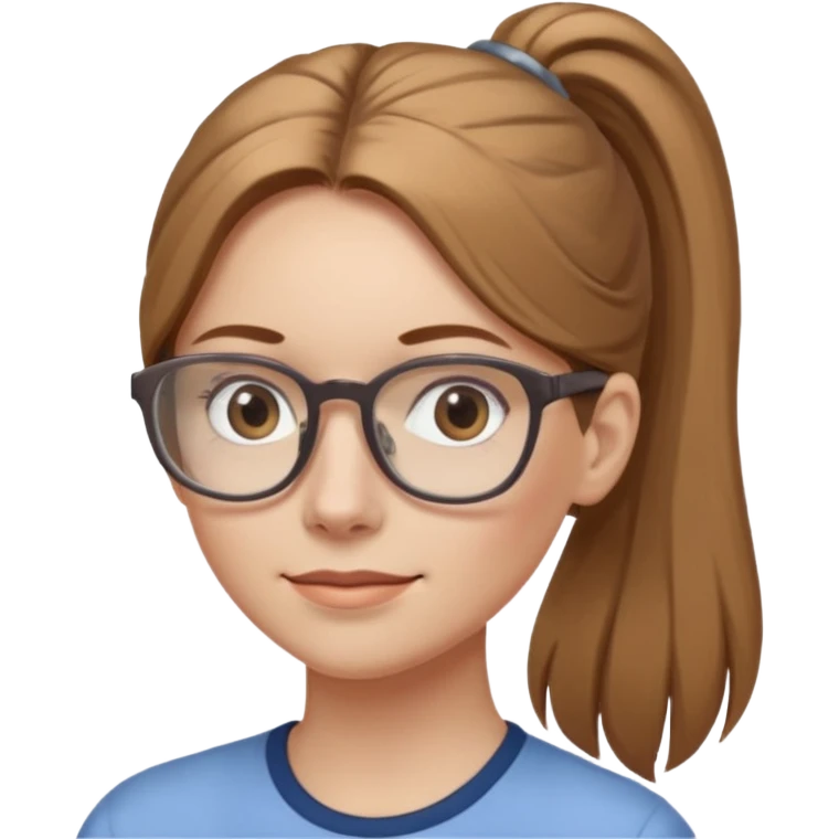 Thin pale white woman with long light brown hair in pony tail light brown glasses and grey eyes emoji