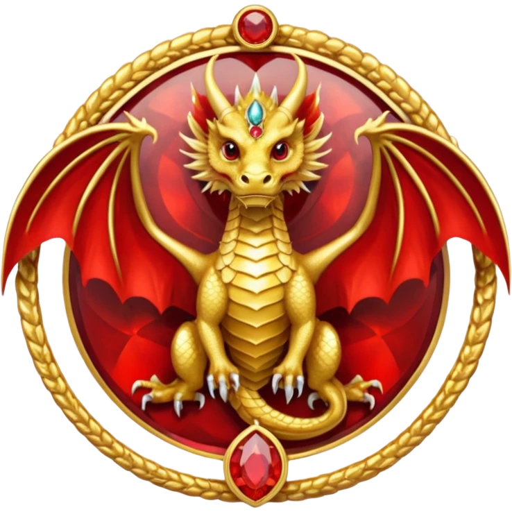 Golden Dragon with wings crest/brosch in a circle with red gems emoji