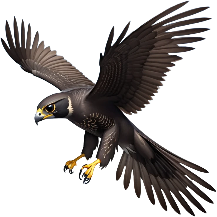 cinematic-peragrin falcon-realistic-full-body-diving-emoji,-sleek-aerodynamic-frame-plummeting-through-the-air-with-lightning-speed,-razor-sharp-talons-poised-for-the-strike,-feathered-wings-angled-for-maximum-precision,-keen-dark-eyes-locked-onto-its prey, white underside with black dotted feathers emoji