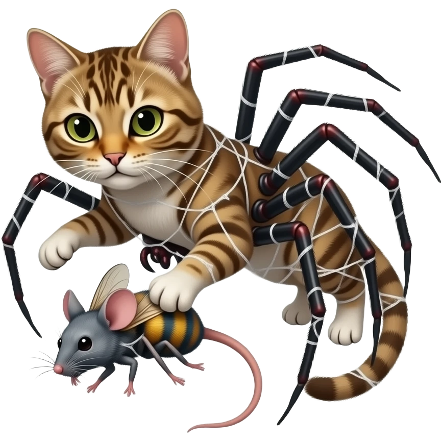 A spider cat hybrid wrapping a mouse fly hybrid wrapped in spider silk in a spider web emoji