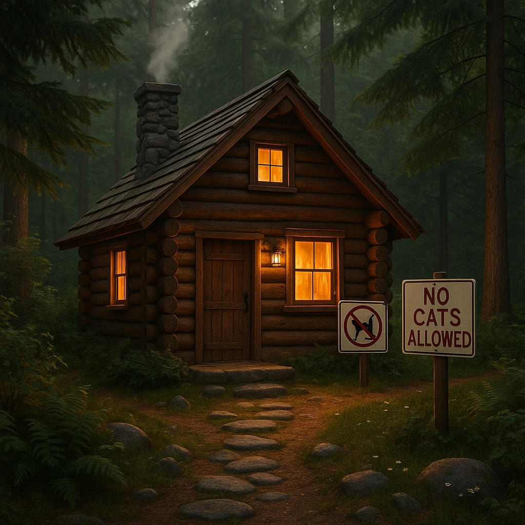 cozy cabin in the woods with a 'No Cats Allowed' sign, surrounded by nature emoji