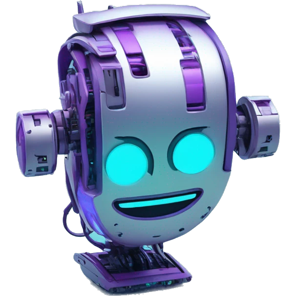 Smily face robotic scanning device, cyberpunk, cyan and purple colors, friendly, futuristic, binary code emoji