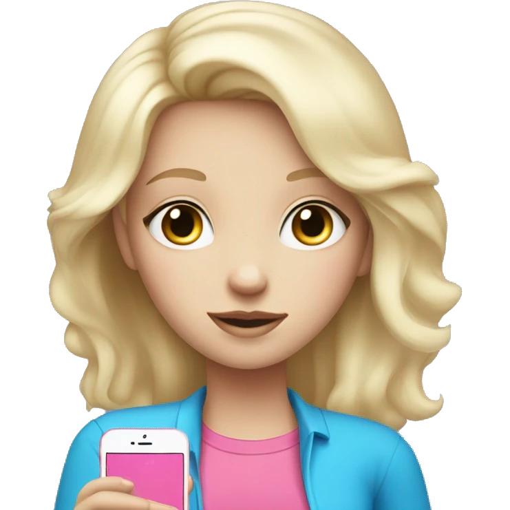 a white blond hair girl with blue eyes wearing a pink shirt holding a pink iphone  emoji