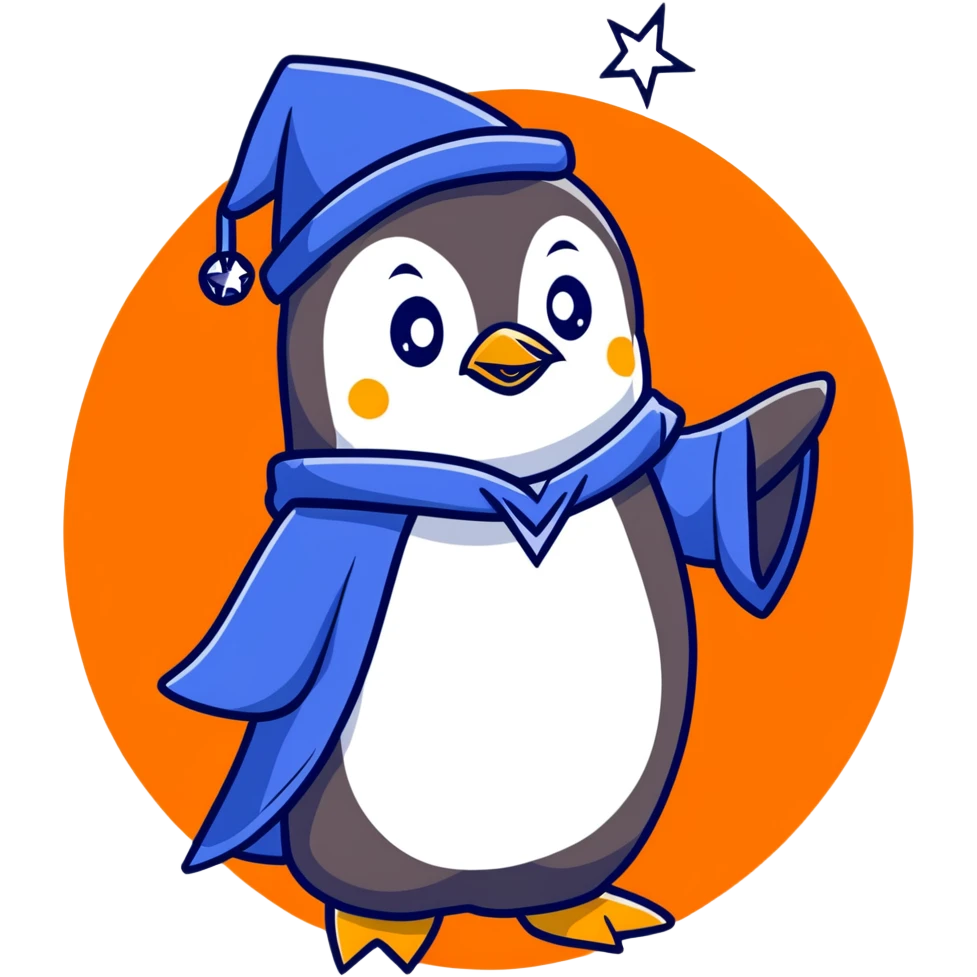 A penguin in a blue wizard robe and pointy hat with stars, casting a magical spell emoji