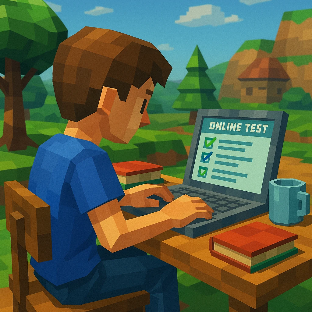 full-body student at a desk, typing on a laptop, taking an online test, with books and a cup on the table, high-resolution, detailed 3D style emoji