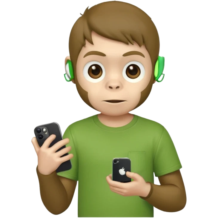 Un singe qui est habillé comme un garçon et qui a un iPhone 12 mini et qui a un t-shirt vert  emoji