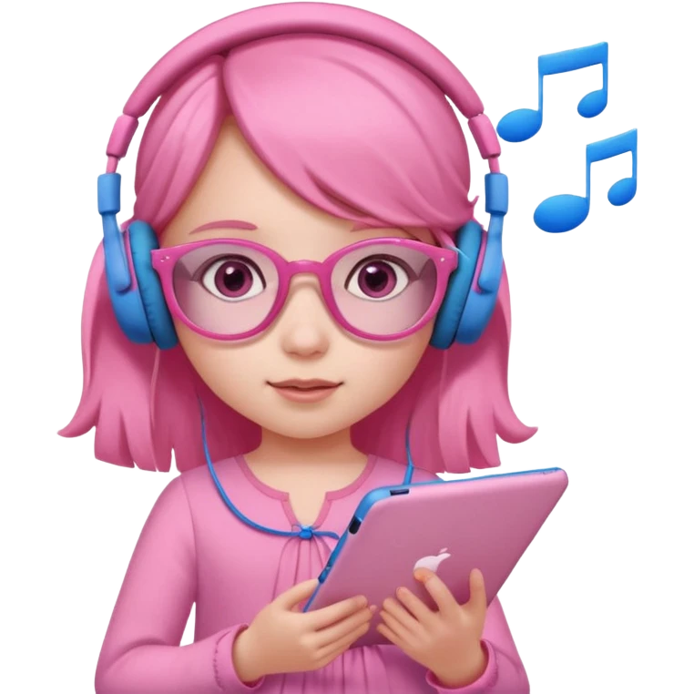 Little girl with headphones when pink eyes and pink iPad and pink dreamy background and rose colored glasses and blue music notes around her and pink dress emoji