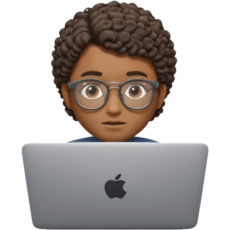 3D Apple Memoji–style emoji, brown-skinned male character, short curly hair, thick glasses, calm focused eyes, peeking over silver laptop, transparent PNG, 4K. emoji