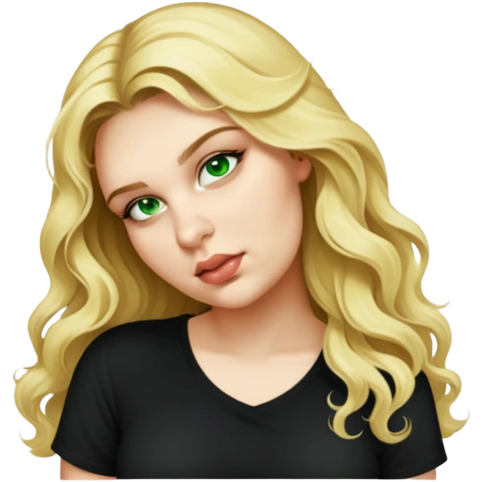 female, long wavy blonde hair, wearing black tshirt emoji