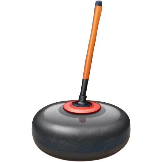 An icon featuring a curling stone in the foreground on an ice sheet with marked target circles. A curling broom rests nearby. In the background, a grand indoor stadium with bright lights and cheering fans. The ice reflects the vibrant colors of the surroundings. Transparent background. emoji