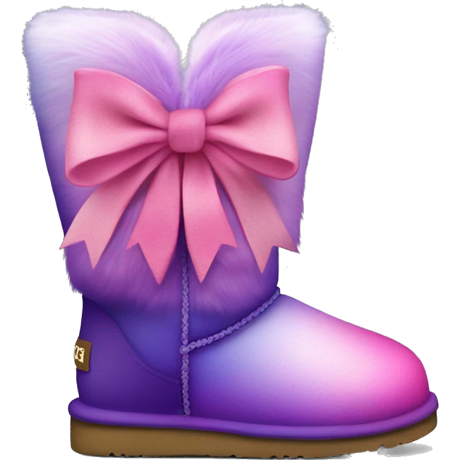 Realistic pair of pink to purple ombre fur Ugg boots with silk ribbon bows. emoji