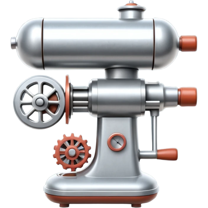 sausage-processing droid. retro-futuristic style. top is a circular industrial meat grinder with rotating gears and blades. Two robotic arms feed material into grinder. Sausage links extrude from the rear like  factory. The body is metallic, compact, and floats above the ground.no legs. Dark humor emoji