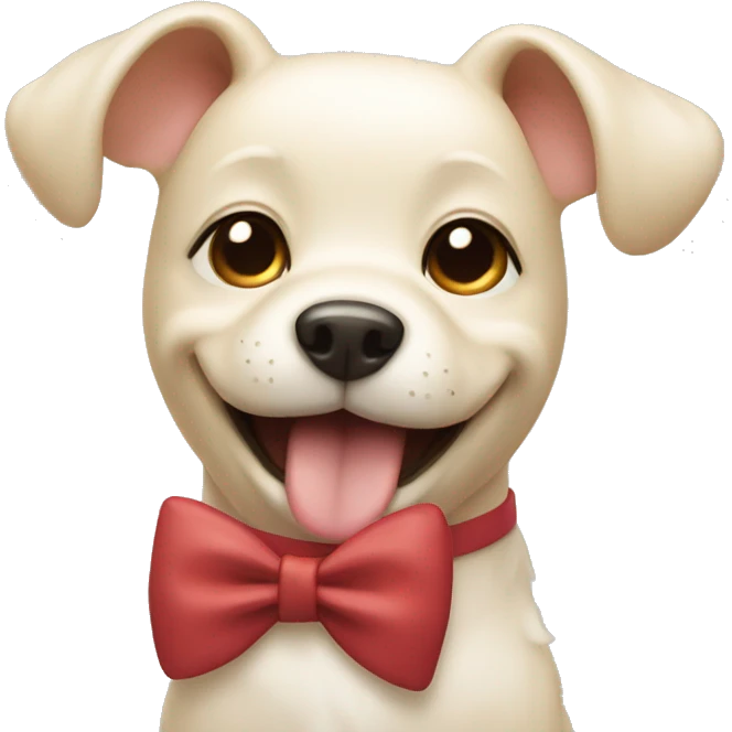A cream dog smiling with a bow emoji