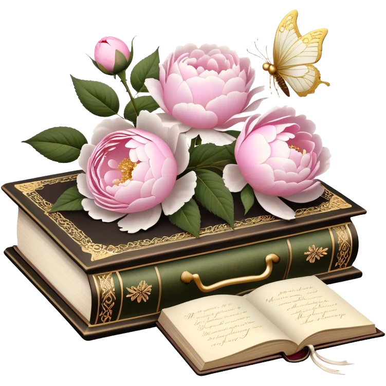 A vintage silk-bound poetry book, its cover embossed with golden floral motifs of pink roses and white peonies, resting on an antique writing desk with an ivory quill and a pearl butterfly sitting lightly on the book’s pages.
 emoji