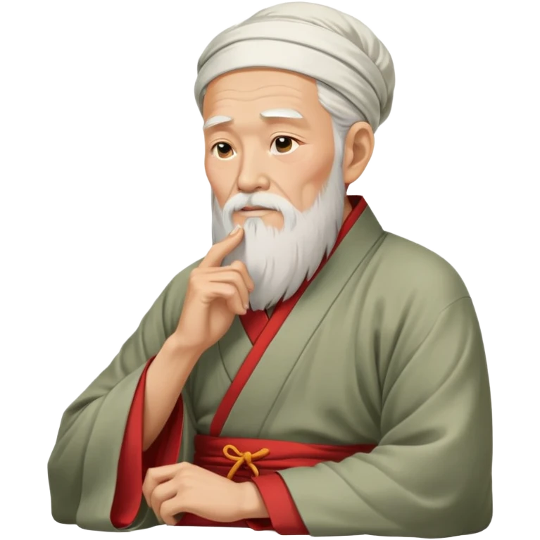 Old oriental sage with white beard and traditional Chinese clothing in contemplative pose, looking thoughtful with hand on chin emoji