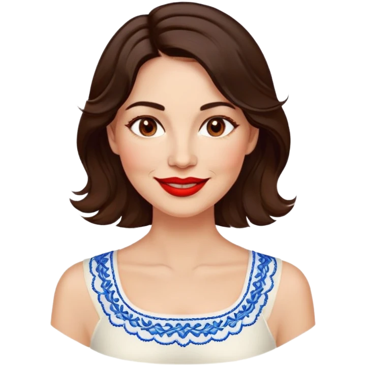 Confident 40-year-old woman with healthy glowing skin, round cheeks, warm smile, expressive light brown eyes, red lipstick, wavy dark brown shoulder-length hair, summery white top with blue embroidery and electric blue neckline emoji