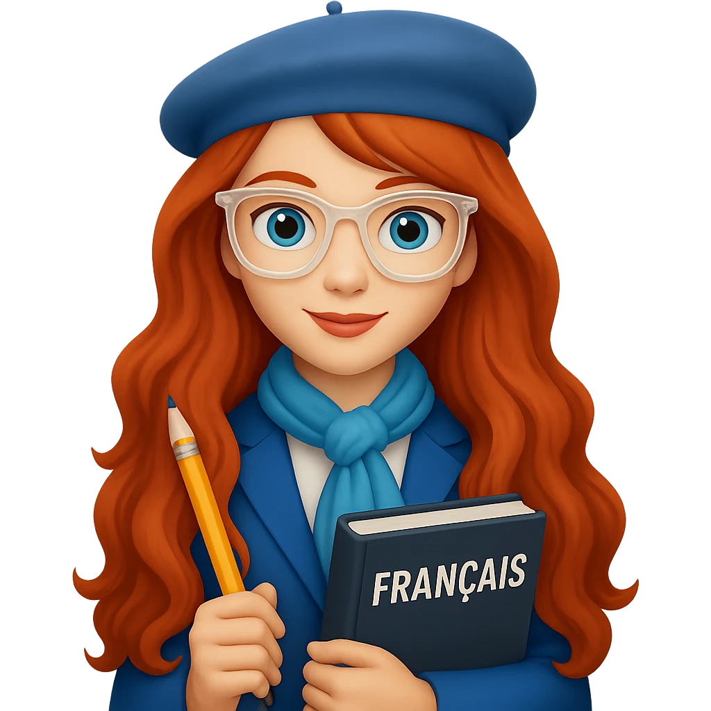 Make her hair even longer and wavier, and make her glasses clear-framed. Keep her as a French teacher in a stylish outfit, holding a pencil and a French textbook. The style should resemble emoji style. Remove the background. emoji