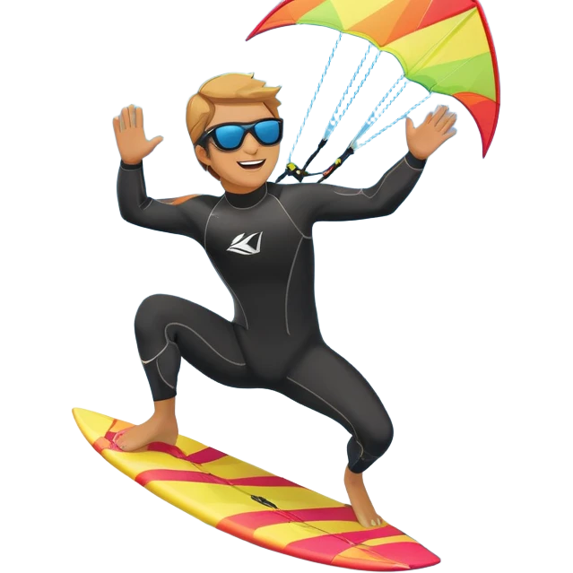 A vibrant kite soaring high in the sky, attached to a kiteboarder riding the waves below. The scene is filled with bright colors, capturing the energy of the sport. The background features the ocean, wind-blown waves, and a clear sky, showcasing the excitement and freedom of kiting. emoji