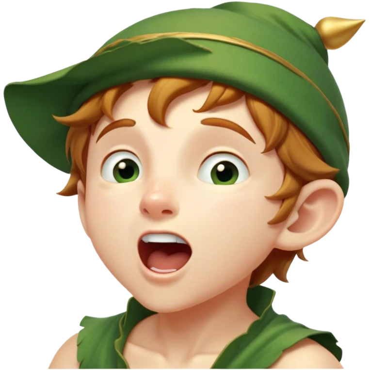 Cinematic Realistic Peter Pan Portrait, head tilted slightly with a dramatic, wide-open yawn, revealing a relaxed yet spirited expression. His detailed tunic and cap, paired with a gentle, ambient glow, capture a tender moment of vulnerability amidst his eternal quest for adventure. emoji