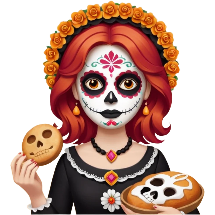 Día de muertos cabello rojo pan de muerto papel picado emoji