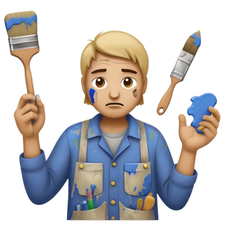 clumsy amateur house painter emoji wearing old dirty clothes with paint stains, no protective gear or hat, holding a broken paintbrush, looking confused or frustrated, paint splatters on face and hands, messy background emoji