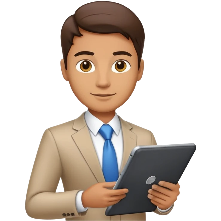 business executive confidently, holding a digital tablet or folder. The character wears smart business attire emoji