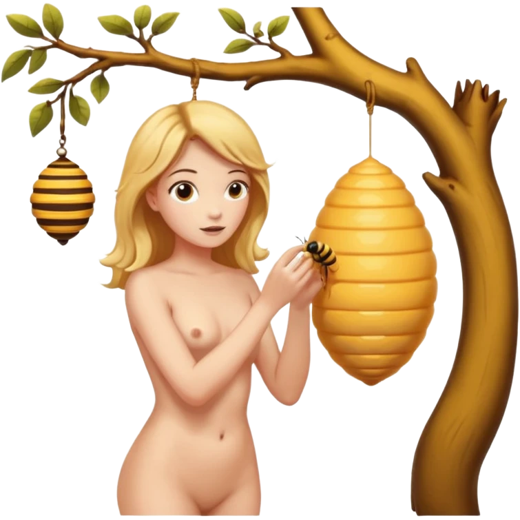 A naked women looking at a beehive hanging by a branch  emoji