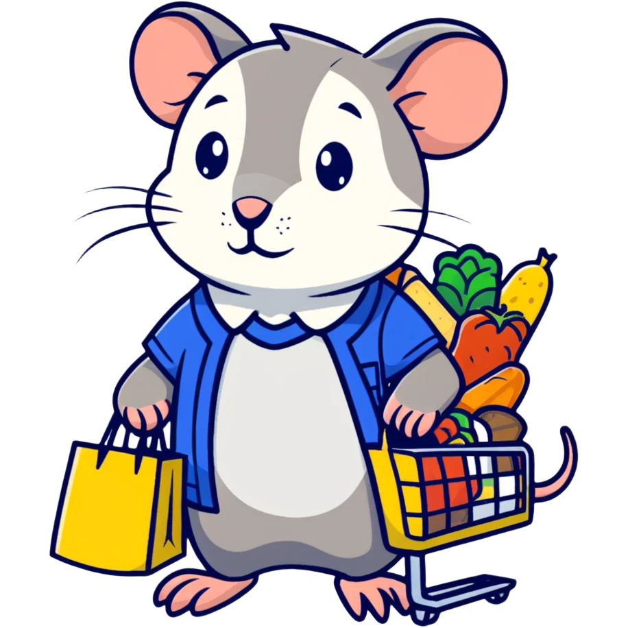 exhausted rat with grocery store uniform bagging items emoji
